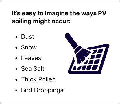 It’s easy to imagine the ways PV soiling might occur: Dust Snow Leaves Sea Salt Thick Pollen Bird Droppings